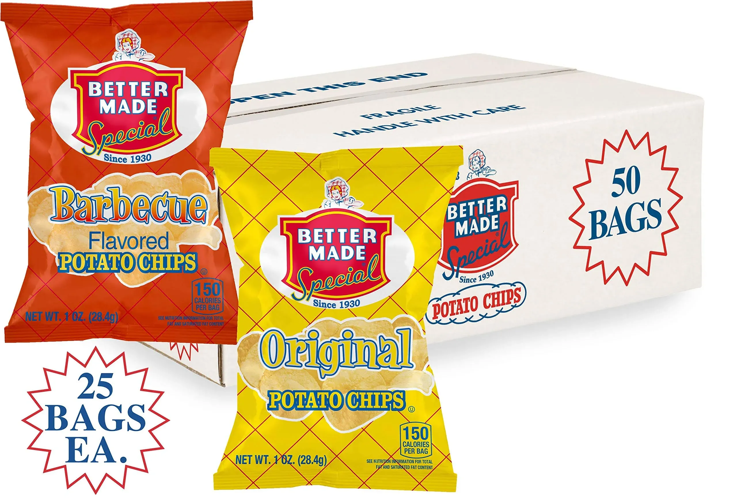 Better Made Special Original & BBQ Potato Chips Variety Pack - Case of 50-1oz Bags - 25 BBQ/25 Original - Crunchy, Individual Snacks Made from Fresh Potatoes