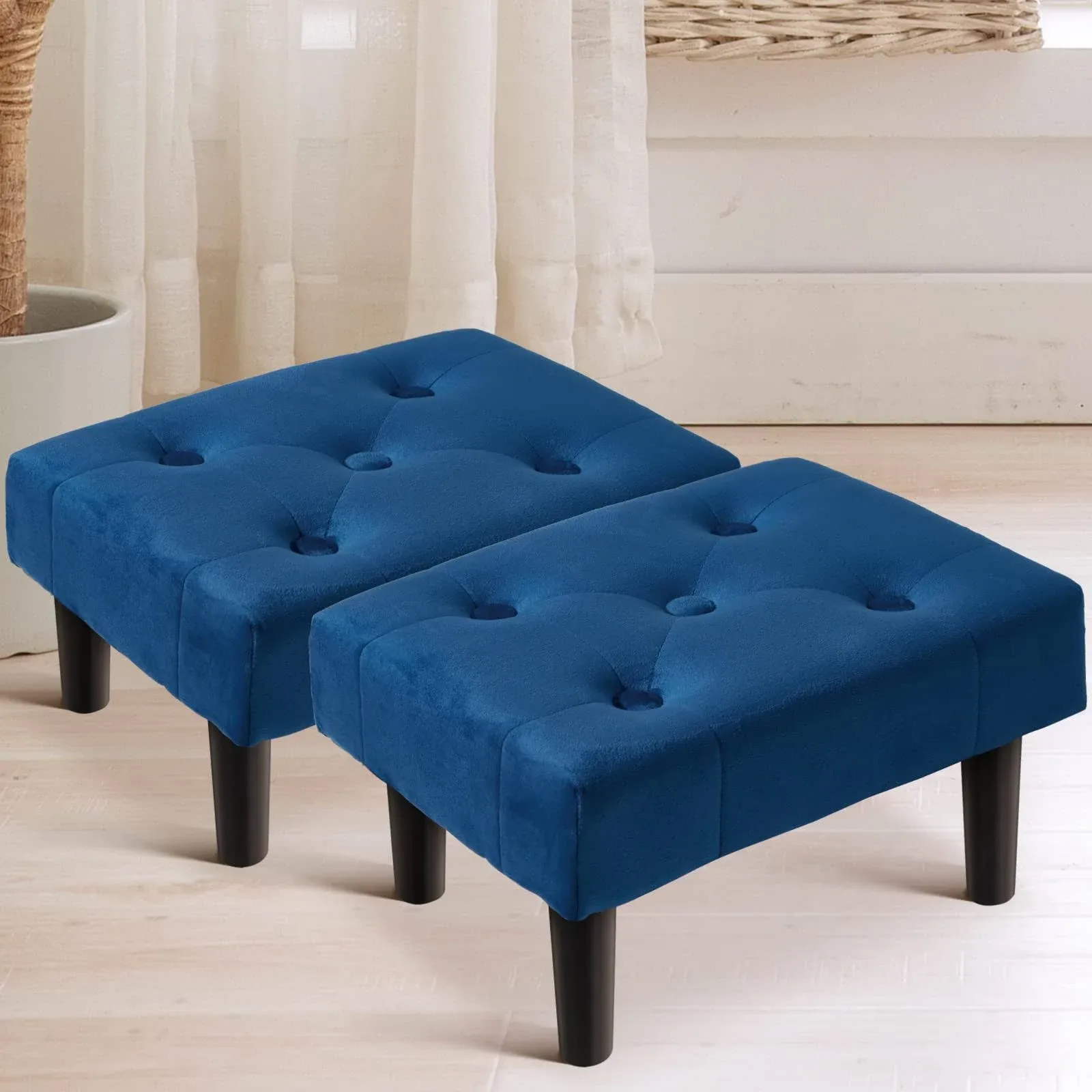 HOUCHICS Small Footstool Ottoman, Velvet Wooden Foot Stool 2PACK, Blue 