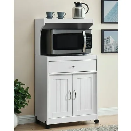 Home Source White Microwave Cart with Double Door Cabinet 1 Drawer and Top Shelf