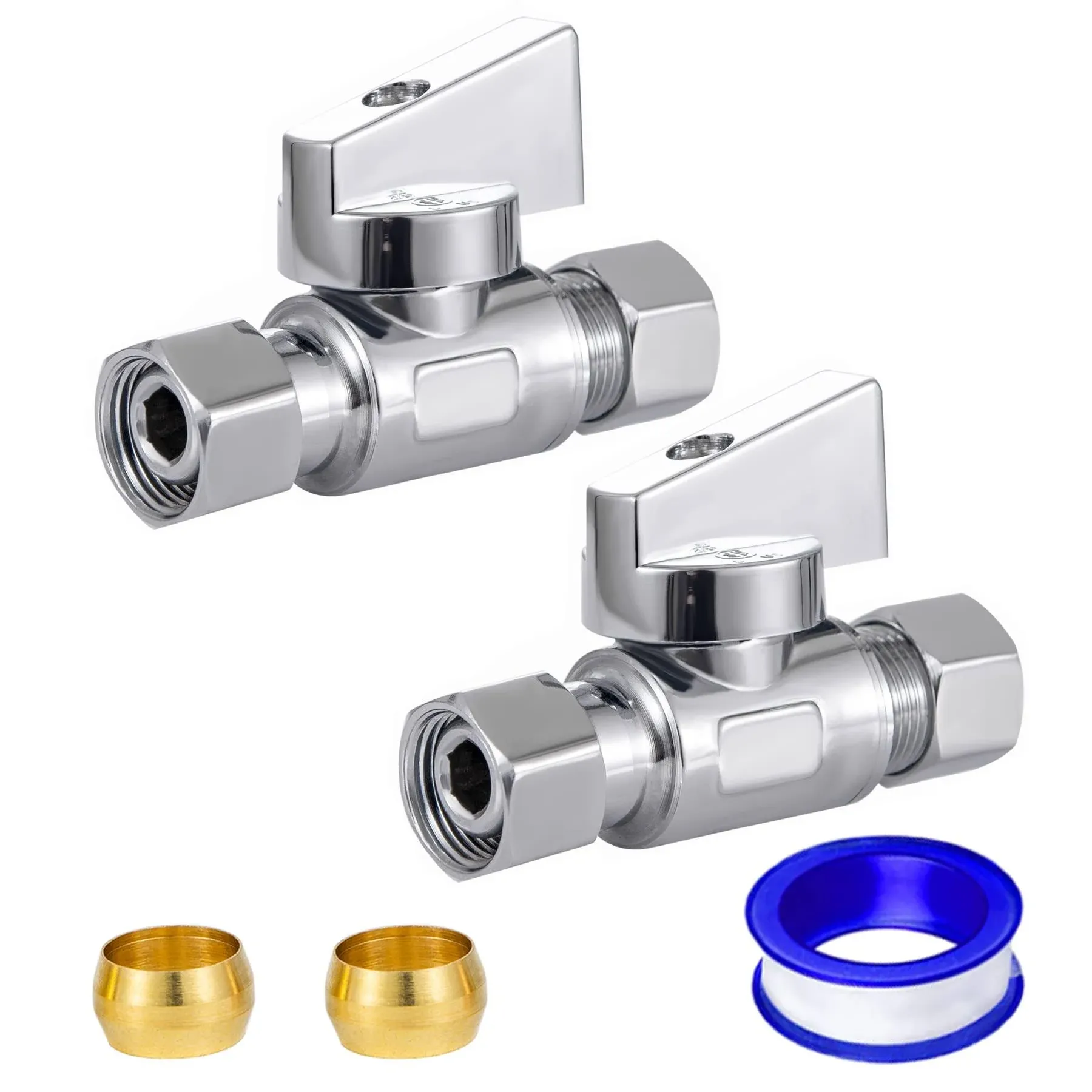 2 Pack Chrome Brass 3/8" Comp FIP x 3/8 Inch Compression MIP Quarter Turn Water Straight Angle Stop (Add on) Valve for sink or toilet,water supply