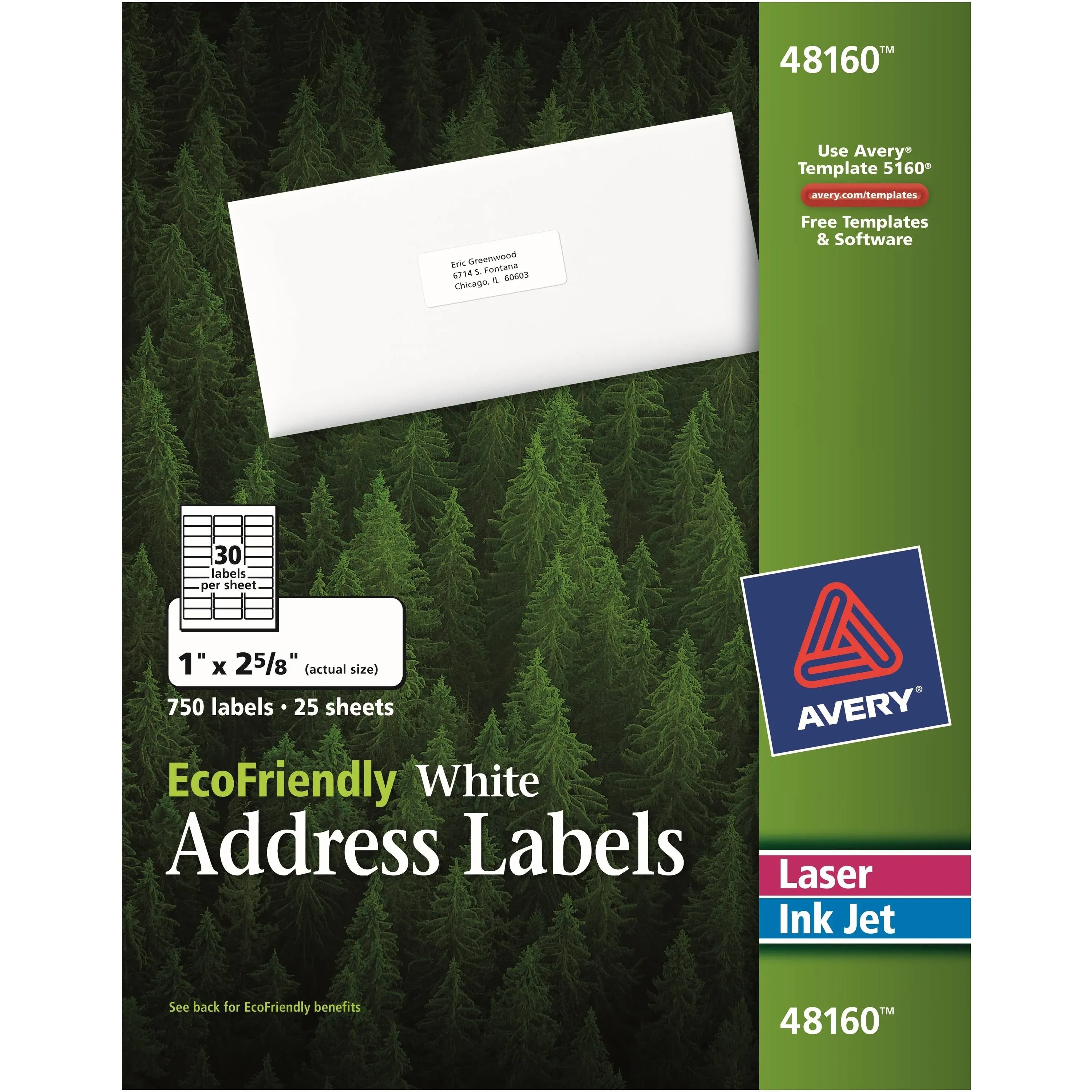 Avery 48160 EcoFriendly White Address Labels, 1&#034; x 2-5/8&#034; 750 Labels 25 Sheets