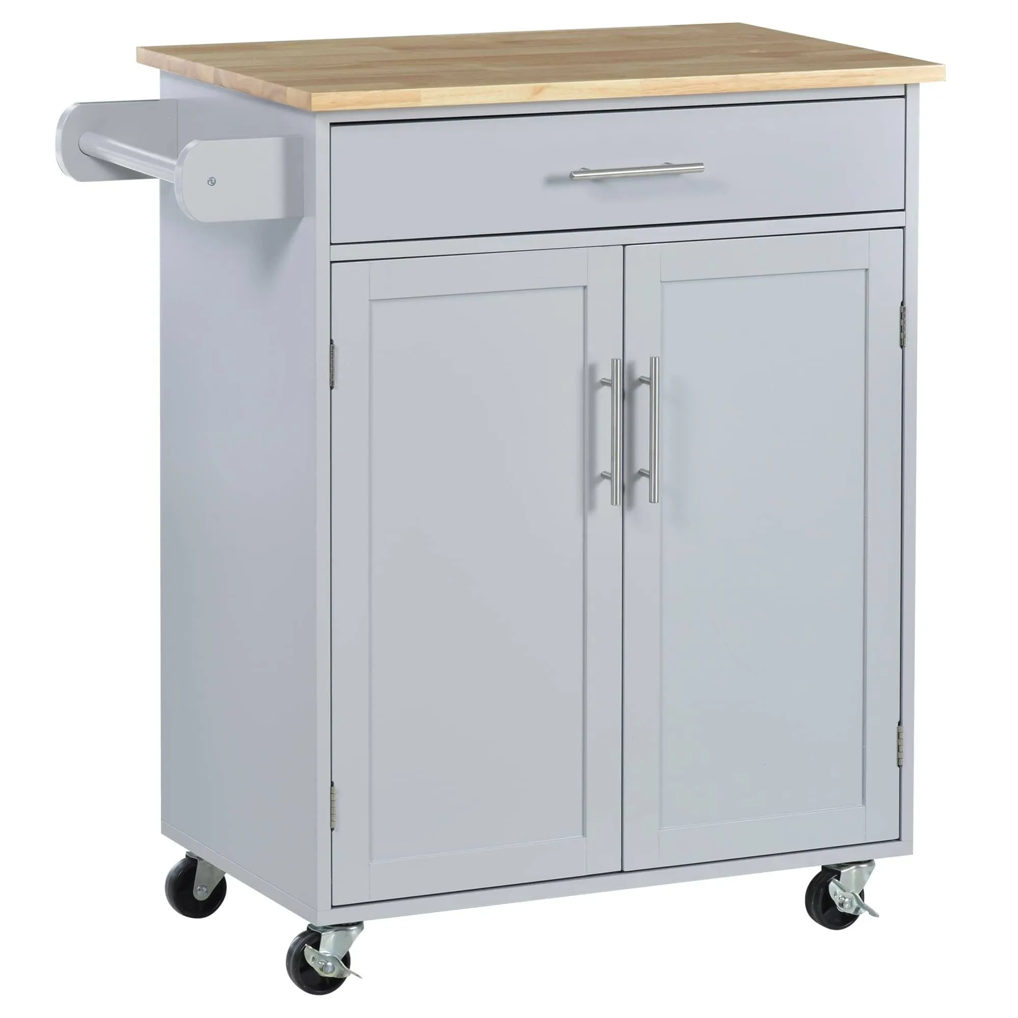 HOMCOM Kitchen Island Cart Rolling Trolley Cart with Drawer, Storage Cabinet & Towel Rack, Gray