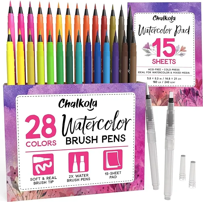 Chalkola Watercolor Brush Pens for Lettering, Coloring, Calligraphy - Set of 28 Watercolor Pens, 15 Painting Pad &amp; 2 Watercolor Markers - Drawing Art