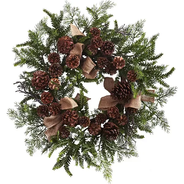 24in Pine & Cone Wreath W/burlap Bows, Green/Brown