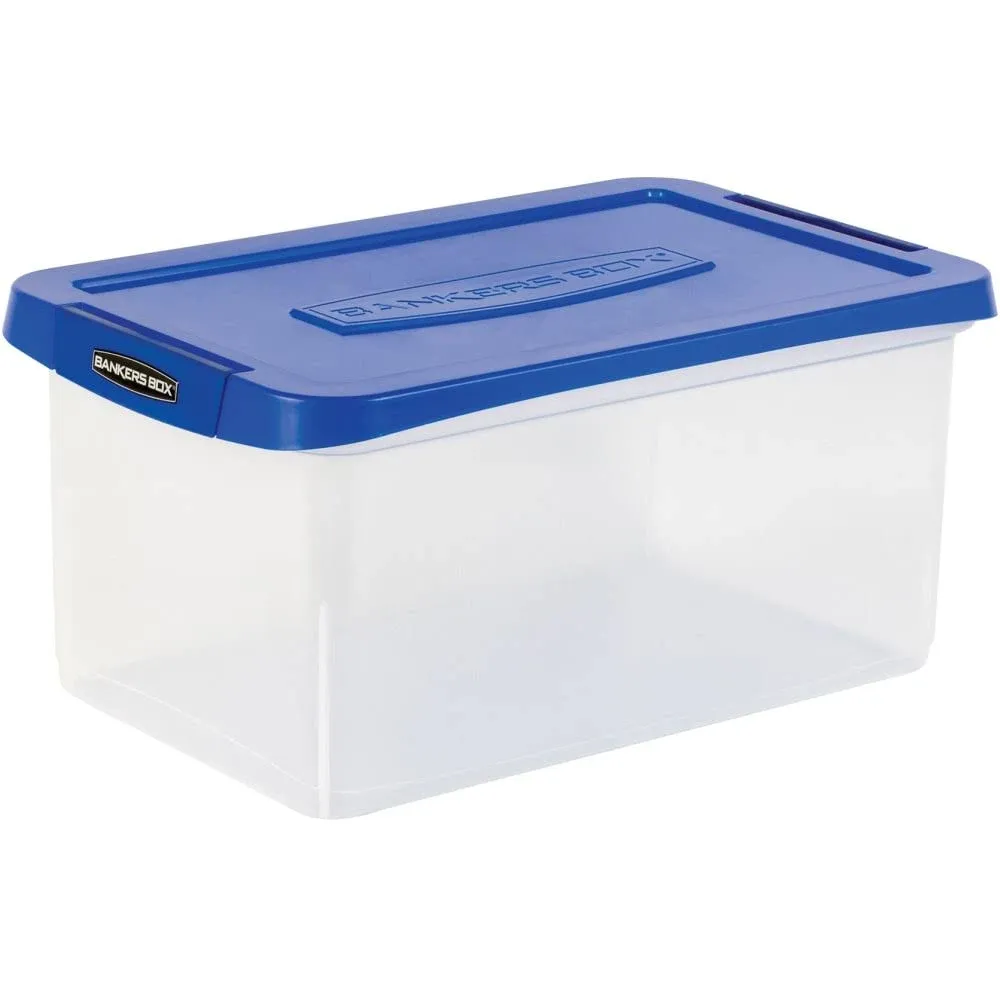 Bankers Box Heavy-Duty Plastic Storage Bin, Extra Deep 20" Letter-size, 10-3/8" x 14-1/4", TAA Compliant, Clear/Blue, Pack of 1