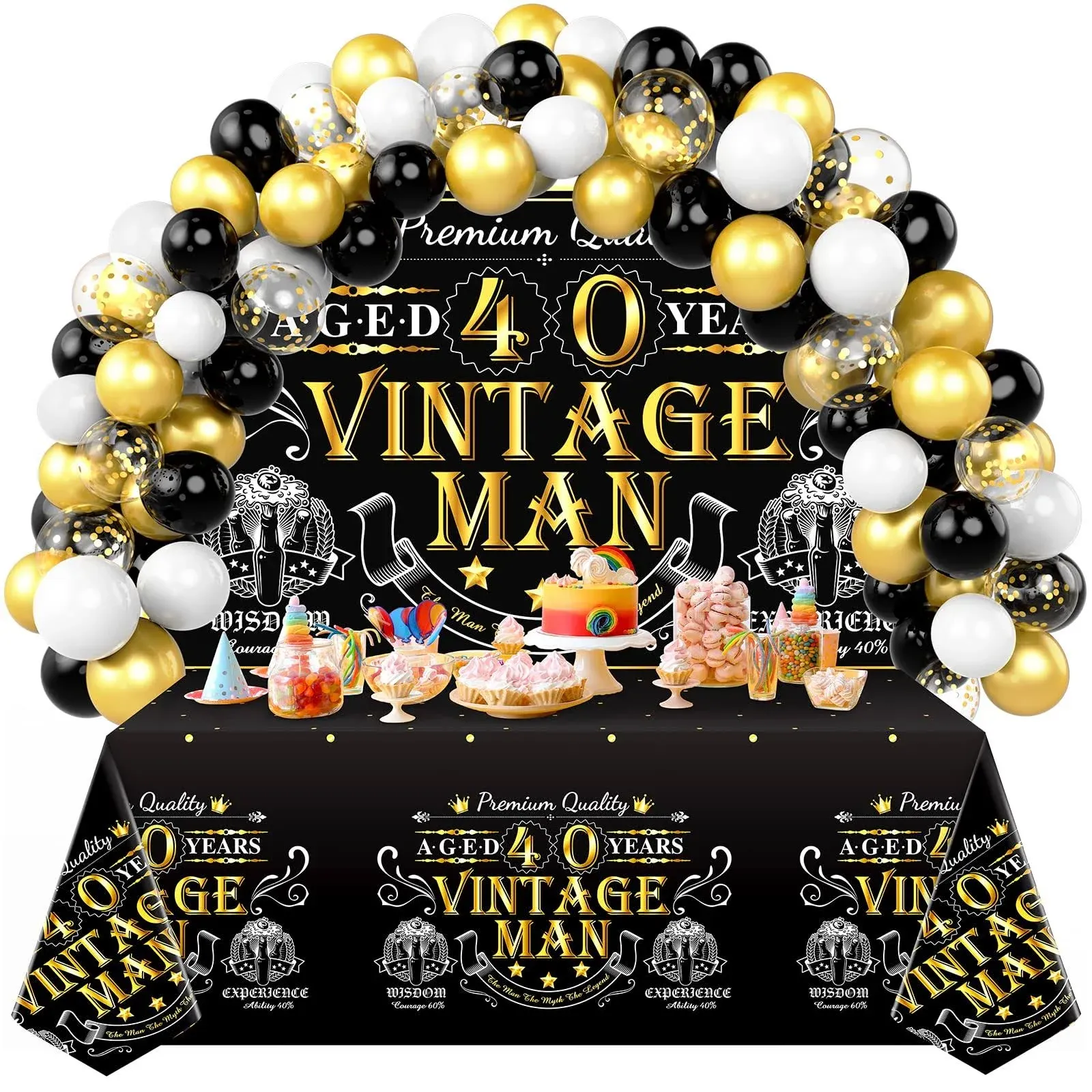 40th Birthday Decorations for Men, Black and Gold Birthday Party Decorations Confetti Balloons Kit 57 Pieces Back in 1983 Vintage Man Birthday Photography Backdrop Banner Tablecloths Supplies Cheers to 40 Years