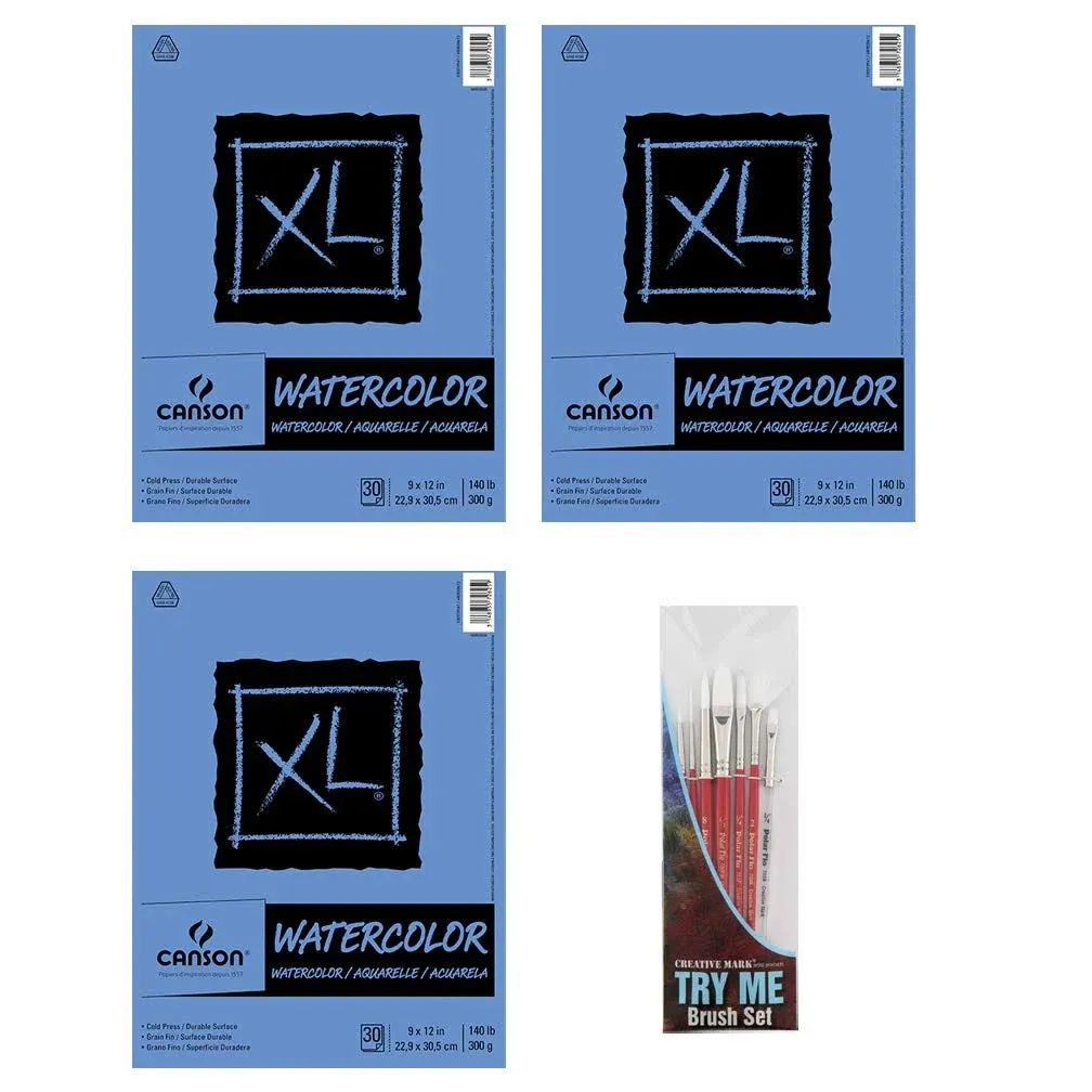 3 Pack Canson XL Series Watercolor Paper Pad 9&quot; x 12&quot; Bundle with Try Me Watercolor Paintbrush Set- Cold Press 140lb 300gsm Includes (3) 30 Sheet