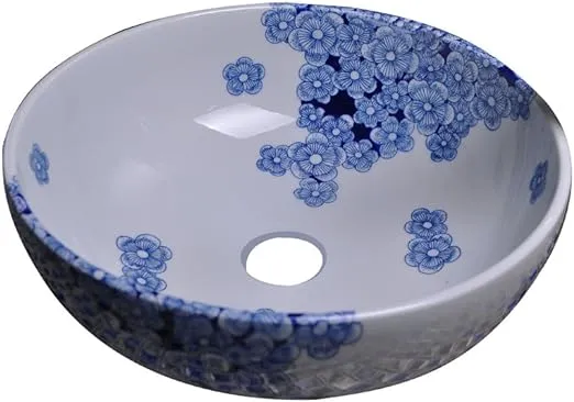 Dawn Round Shape Hand Painted Blue and White Ceramic Vessel Bathroom Sink