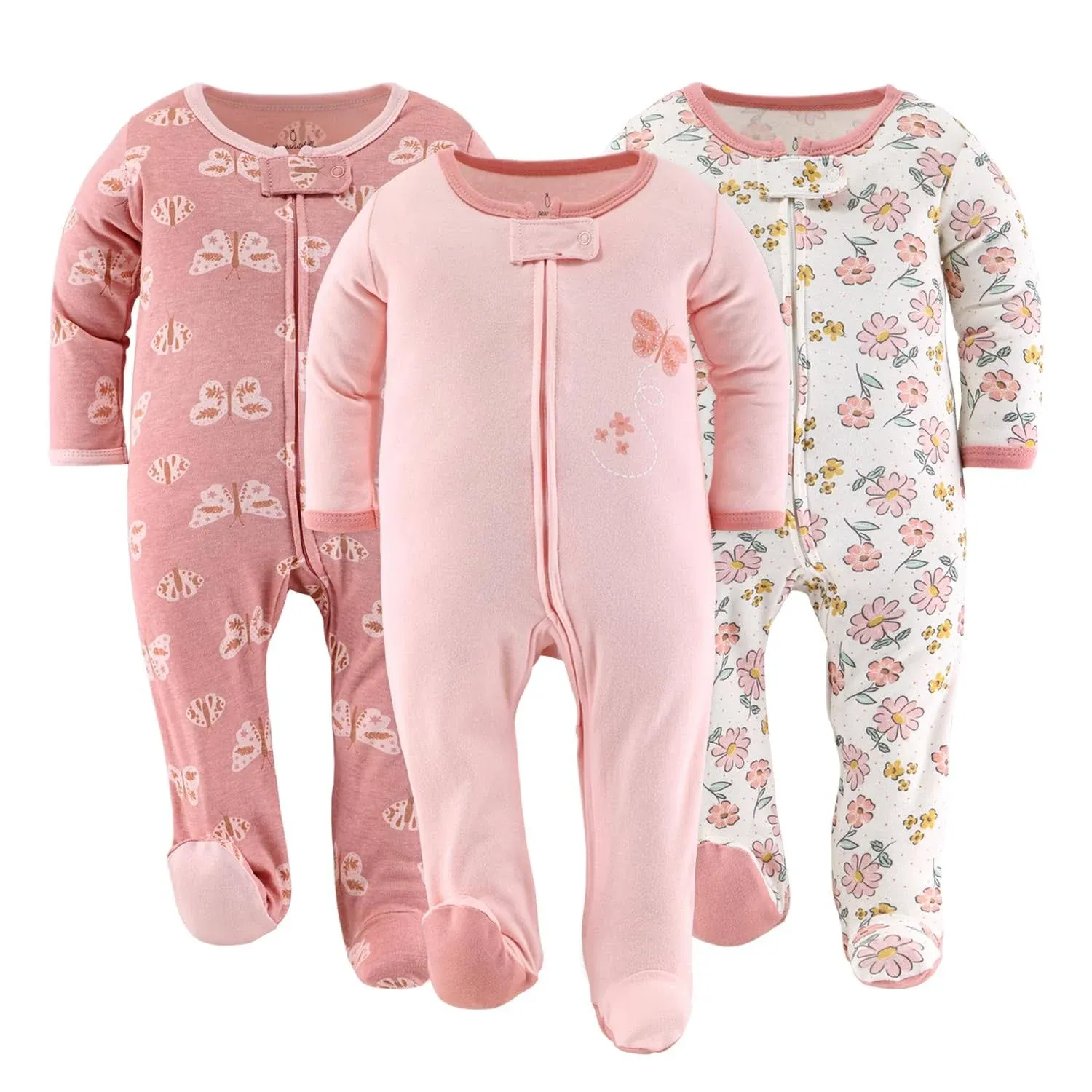 The Peanutshell Boho Butterfly Footed Baby Sleepers for Girls, 3-Pack, 3-6 Months