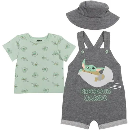 Star Wars The Child Newborn Baby Boys French Terry Short Overalls Graphic T-Shirt and Hat 3 Piece Outfit Set Dark Gray 0-3 Months