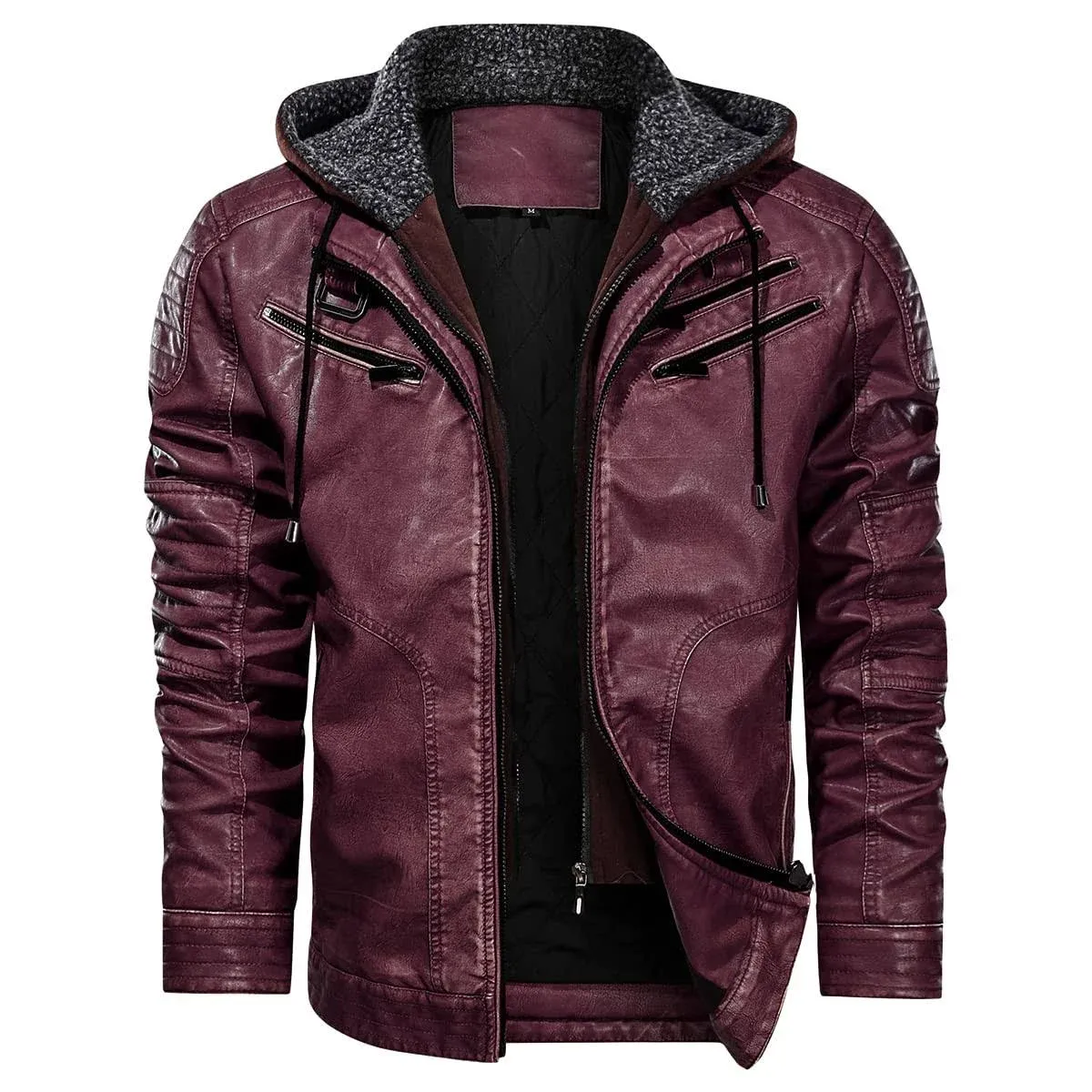 MANSDOUR Men's Faux Leather Jacket Warm Biker Motorcycle Bomber Jacket with Removable Hood