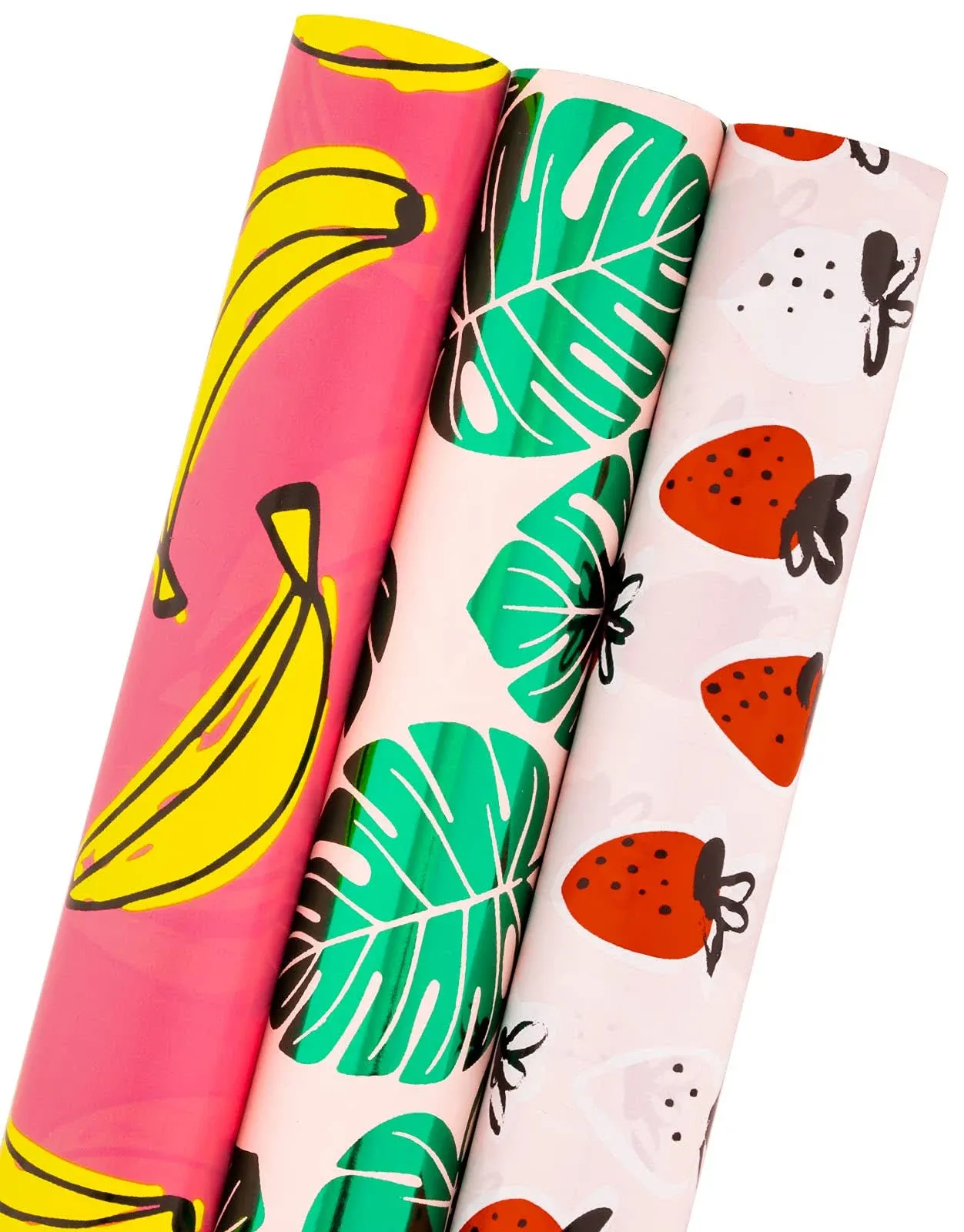 MAYPLUSS Gift Wrapping Paper Roll - 17 Inch X 120 Inch Per Roll - Cute Strawberry, Banana, Monstera Leaves Pattern Trendy Summer Fruits Gift Wrap Paper for Girl Birthday, Party, Picnics, Baby Shower