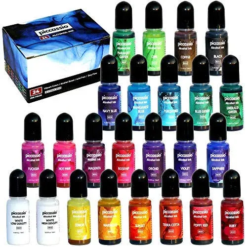 Alcohol Ink Set - 24 Highly Saturated Alcohol Inks - Acid-free, Fast-drying and Permanent Alcohol-Based Inks - Versatile Alcohol Ink for Resin, Tumble