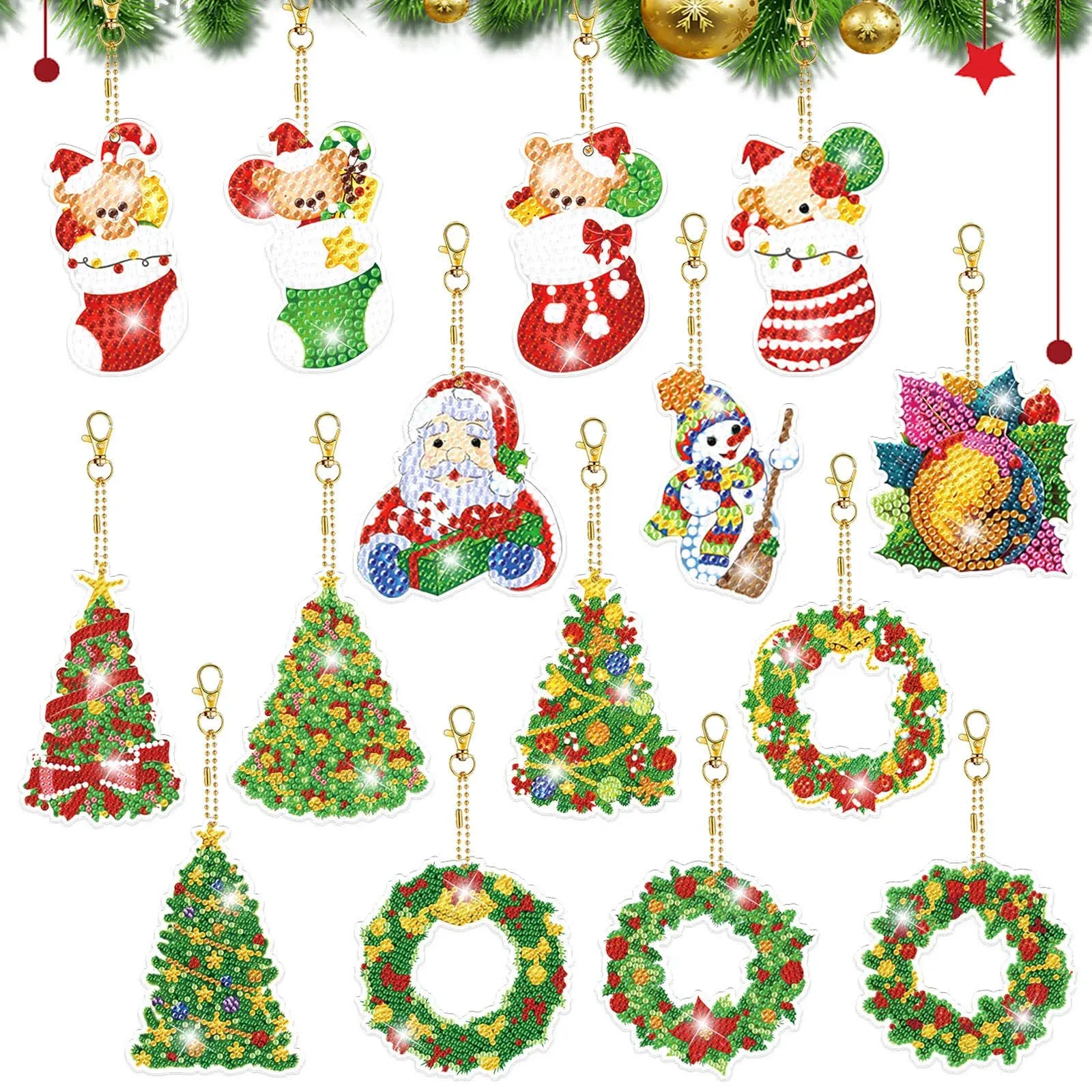 15 Pcs Christmas Diamond Painting Keychain Kit 5D DIY Diamond Painting Kit ...