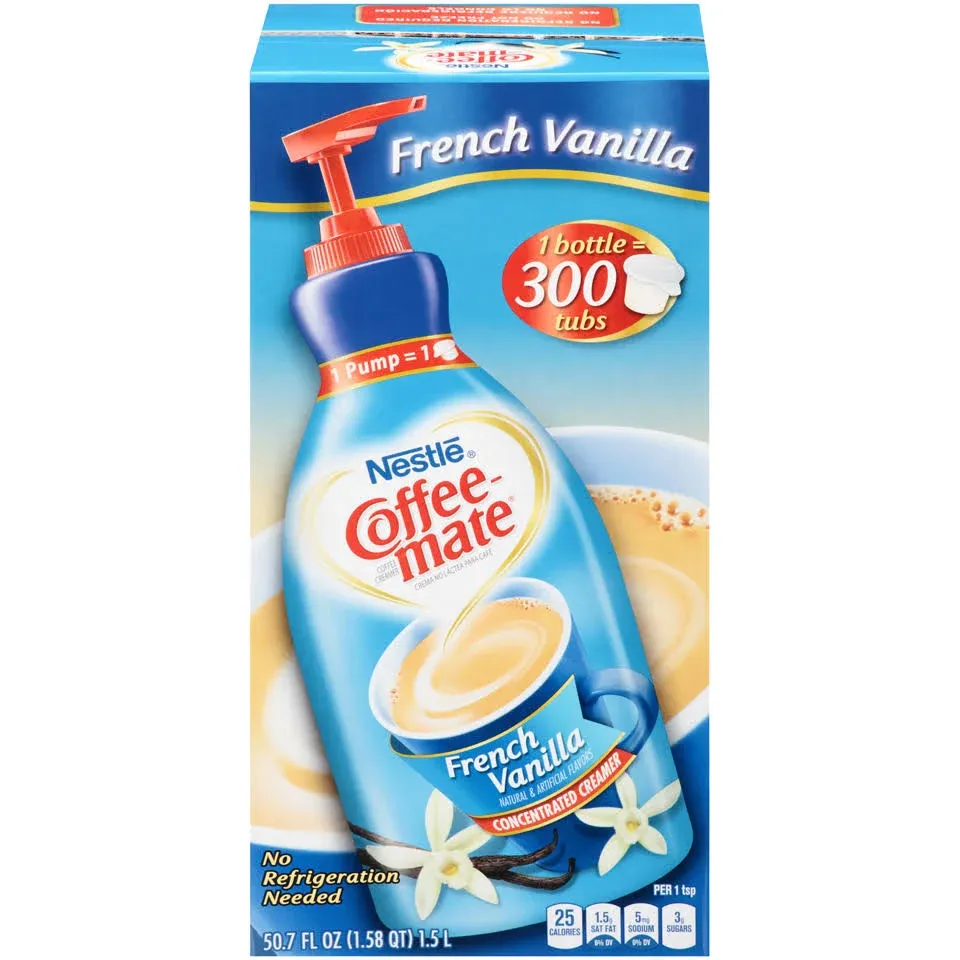 Nestle Coffee Mate Coffee Creamer, French Vanilla, Concentrated Liquid Pump Bottle, Non Dairy, No Refrigeration, 50.7 Ounces