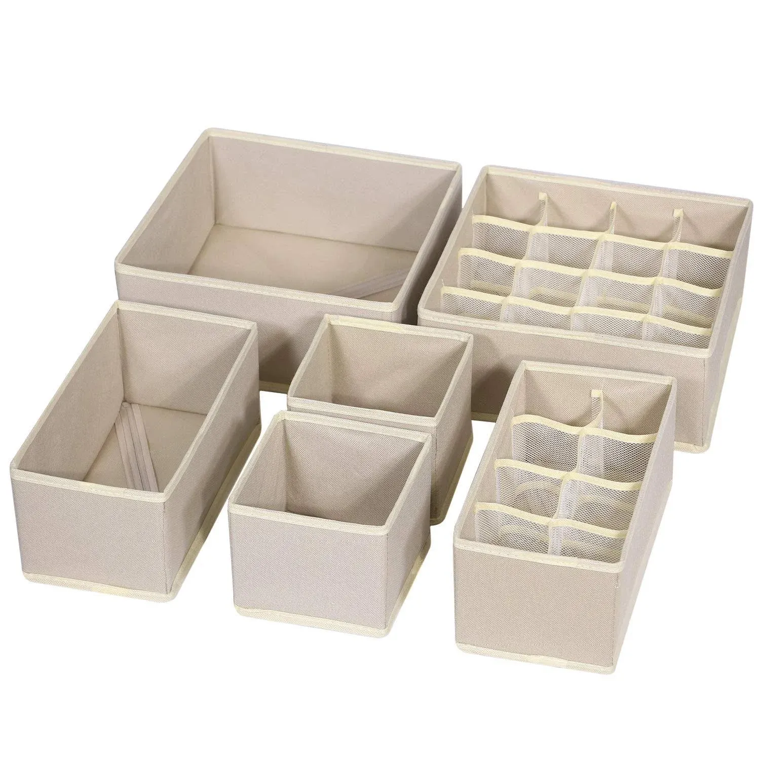 6 Pack Foldable Drawer Organizer Dividers Cloth Storage Box Closet Dresser Organizer Cube Fabric Containers Basket Bins for Underwear Bras Socks Panties Lingeries Nursery Baby Clothes Beige