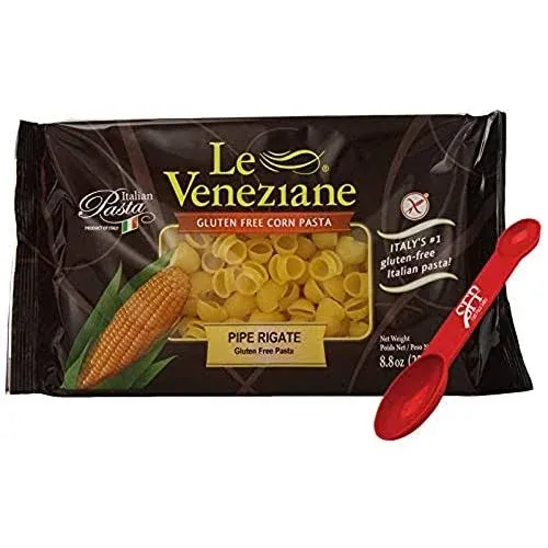 Le Veneziane Gluten Free Pasta Noodles ~ Pipe Rigate Noodles ~ Corn Pasta ~ 2 Count (8.8 Oz.) Bonus Measuring Spoon Included