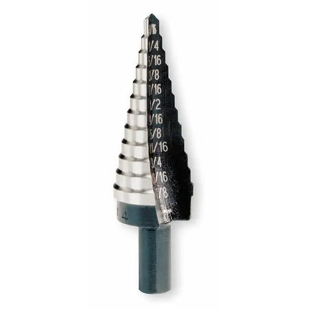 Step Drill Bit, 12 Hole Sizes, 3/16 in to 7/8 in, 1/16 Step Increments, High Speed Steel, Hex Shank