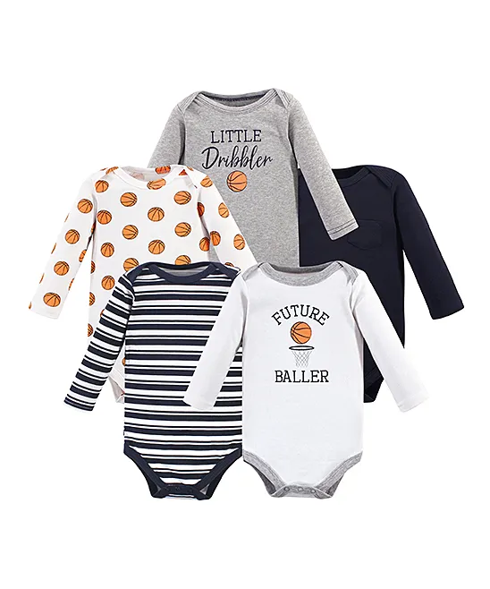 Hudson Baby Boys' Infant Bodysuits Basketball - Gray Basketball Long-Sleeve Bodysuit - Set of Five