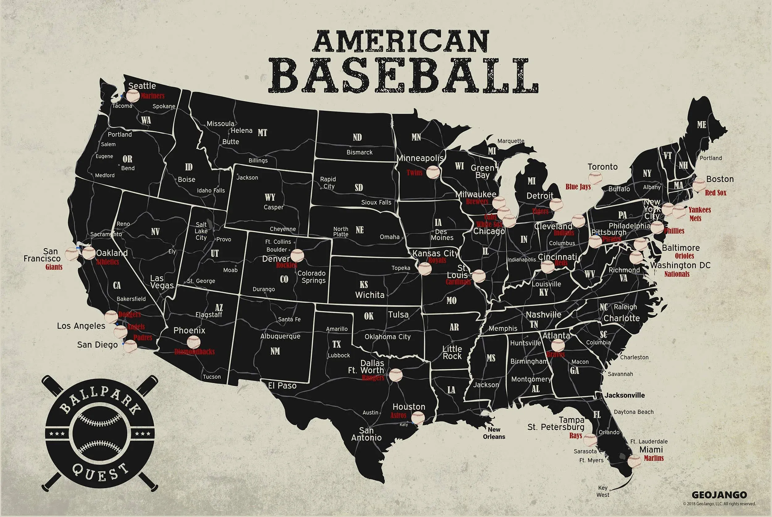 Geojango Baseball Stadium Map Poster - Vintage Edition (24Wx16H Inches)