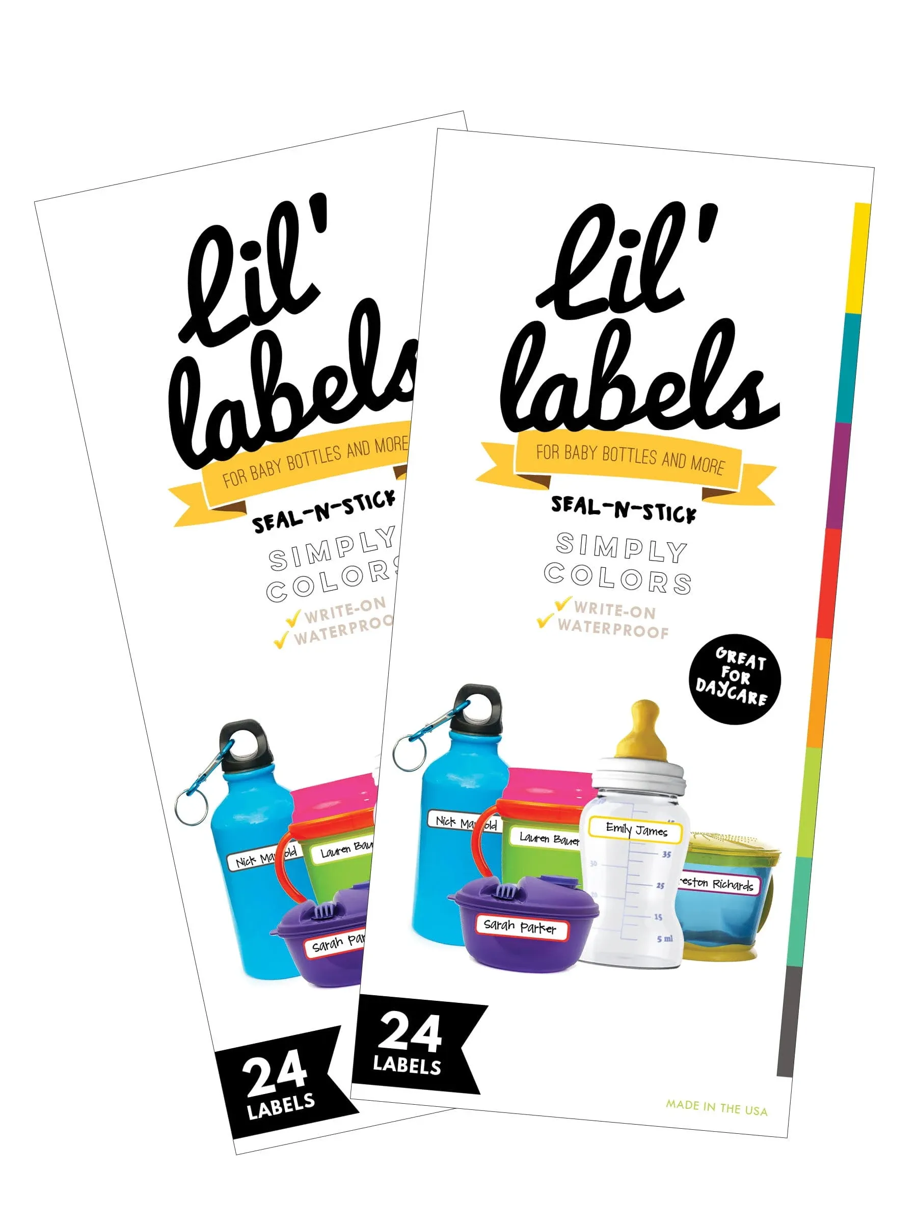 Bottle Labels, 2-Pack (Simply Colors / waterproof labels for daycare / dishwasher-safe labels for school) FREE ship in US