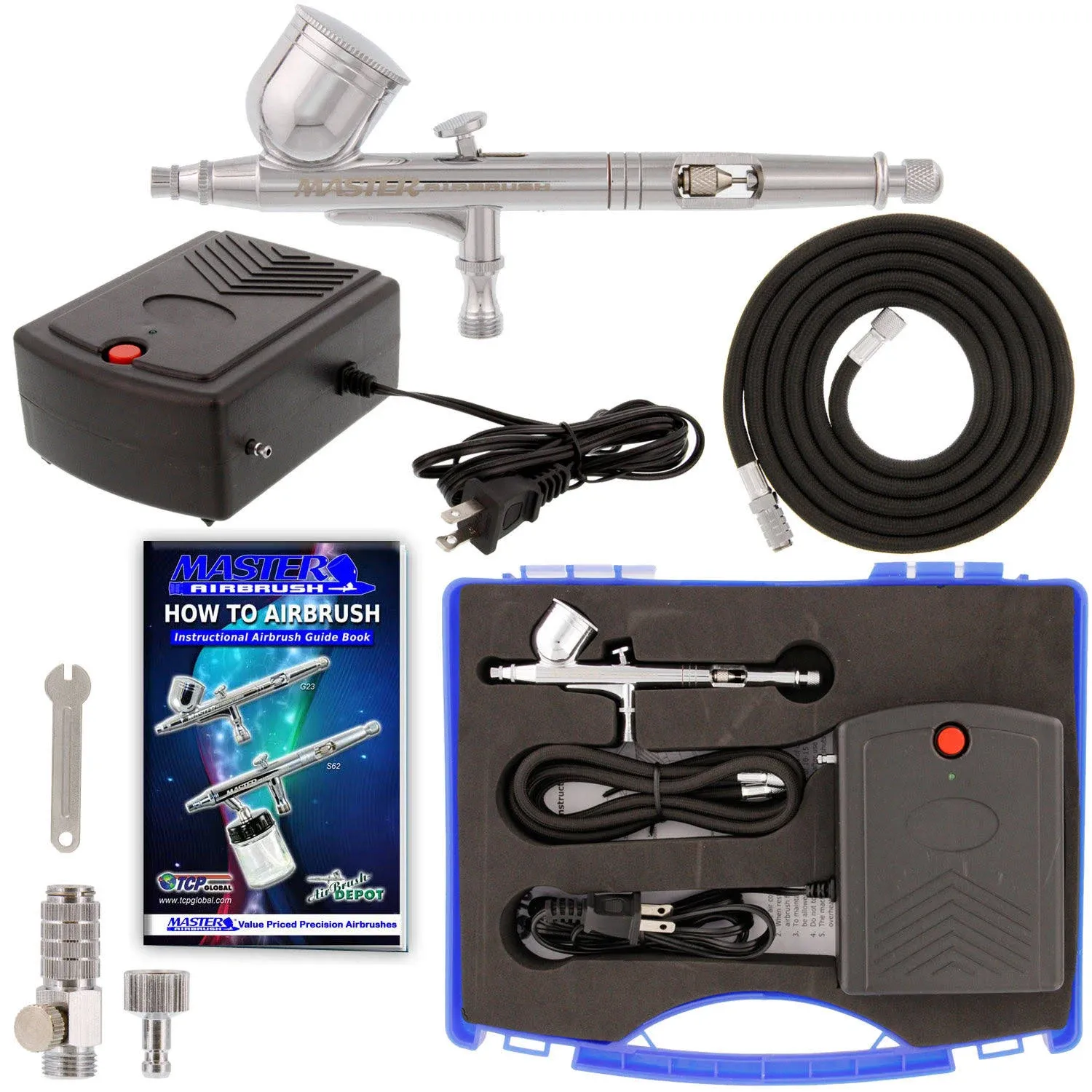 Master Airbrush Airbrushing System Kit with a G23 Multi-Purpose Gravity Feed Dual-Action Airbrush with 1/3oz. Cup and 0.3mm Tip, Mini Air Compressor, Hose, Storage Case, How-to-Airbrush ARC Link Card