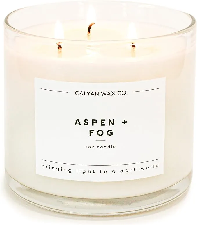 Calyan Wax Scented Candle, Aspen & Fog, 3 Wick Candle for The Home Scented with Pine & Cedarwood, 14.9 oz Soy Wax Candle with 43 Hour Burn Time, Non Toxic Large Candle in Glass Jar, Candle Gift