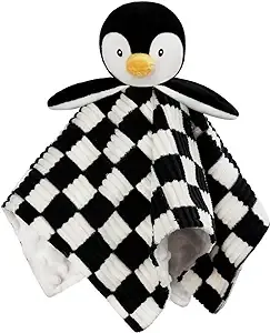 Baby Lovey Blanket for Boys Girls Super Soft Checkerboard Gingham with Minky Dot Fabric Backing Penguin Stuffed Animal Lovely Snuggle Toy Black 14 Inch