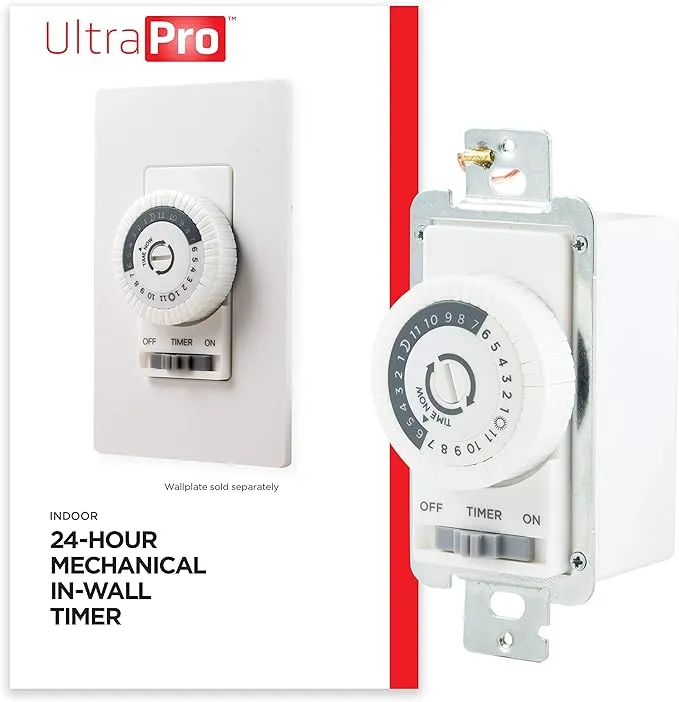 UltraPro 24-Hour Indoor Mechanical In-Wall Timer, 30 Minute Interval, Neutral Wire Required, Dial Timer Light Switch for Lights, Bathroom Fan, Exhaust Fan, Single Pole Wall Timer Switch, White, 41092