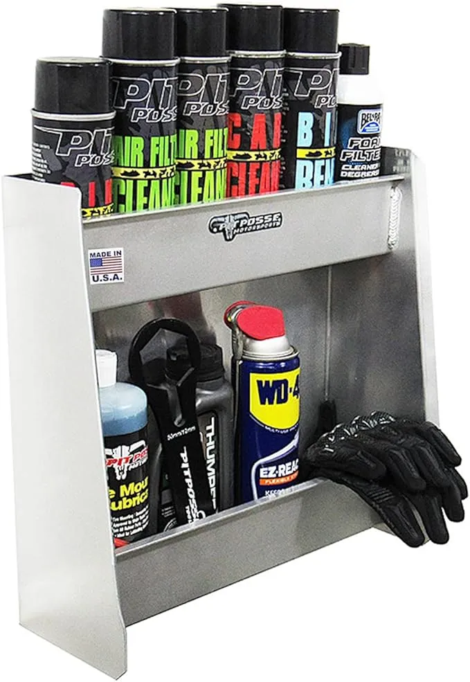 Pit Posse 604 Junior Variety Shelf Storage Cabinet Organizer Enclosed Cargo Race Trailer Shop Garage - Made in USA - Aluminum Cabinet Stores 6 Oil Quarts and 6 Aerosol Cans - 5 Year Warranty