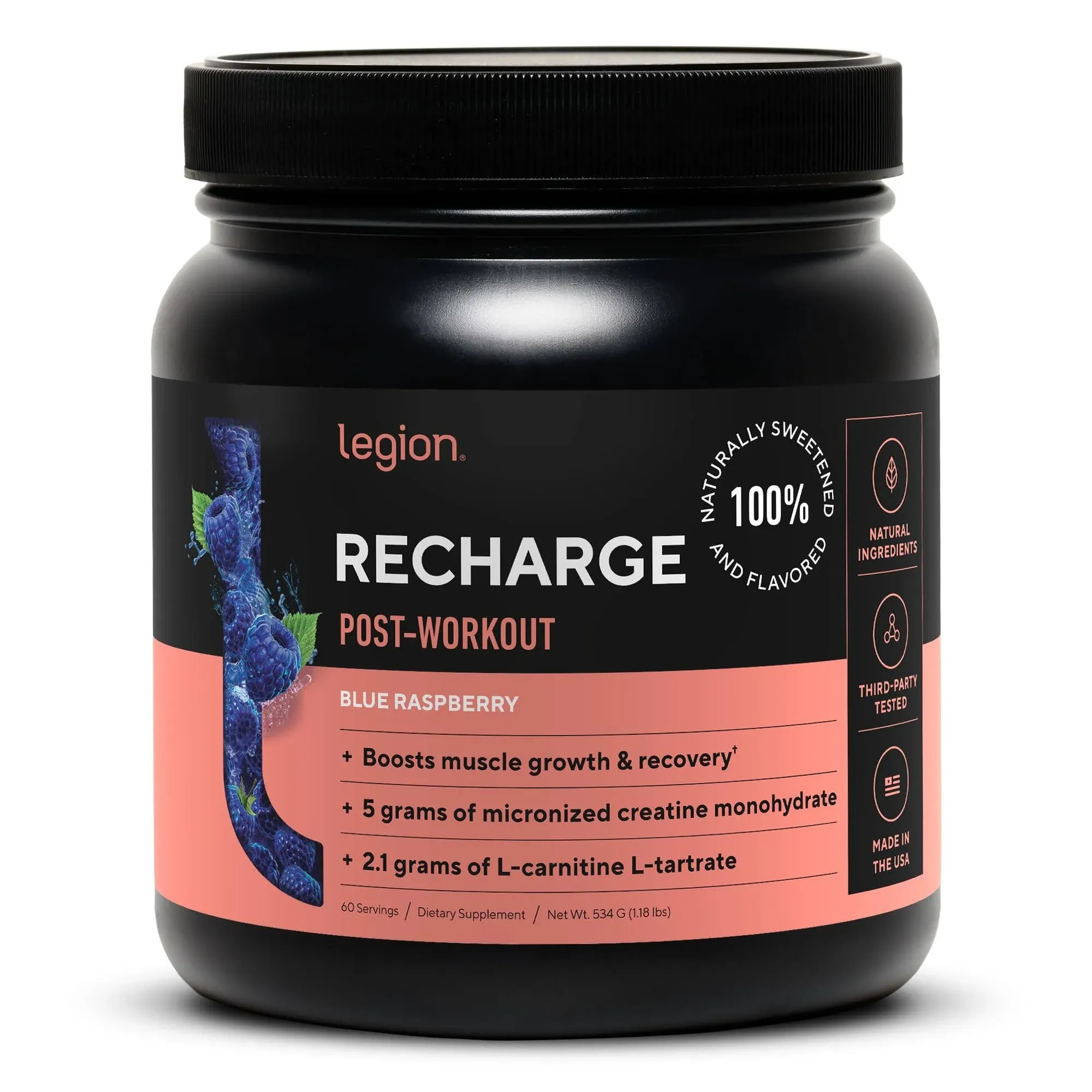 Legion Recharge Post Workout Supplement - All Natural Muscle Builder & Recovery Drink With Micronized Creatine Monohydrate. Naturally Sweetened & Flavored, Safe & Healthy. (Blue Raspberry, 60 Serving)