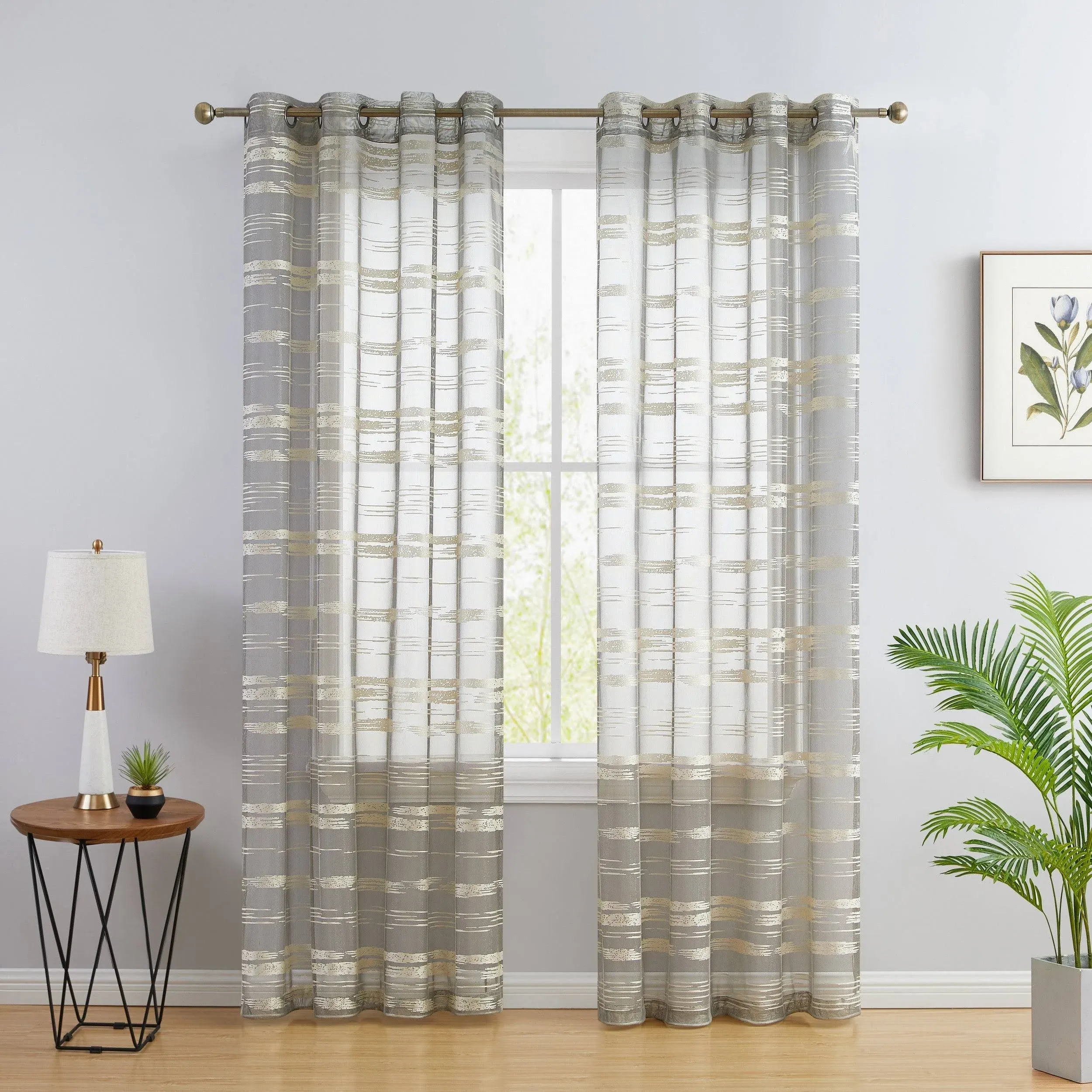 HLC.ME Broadway Stripe Decorative Sheer Light Filtering Grommet Window Treatment Curtain Drapery Panels for Bedroom & Living Room - Set of 2 Panels (54 x 84 inches Long, Beige)