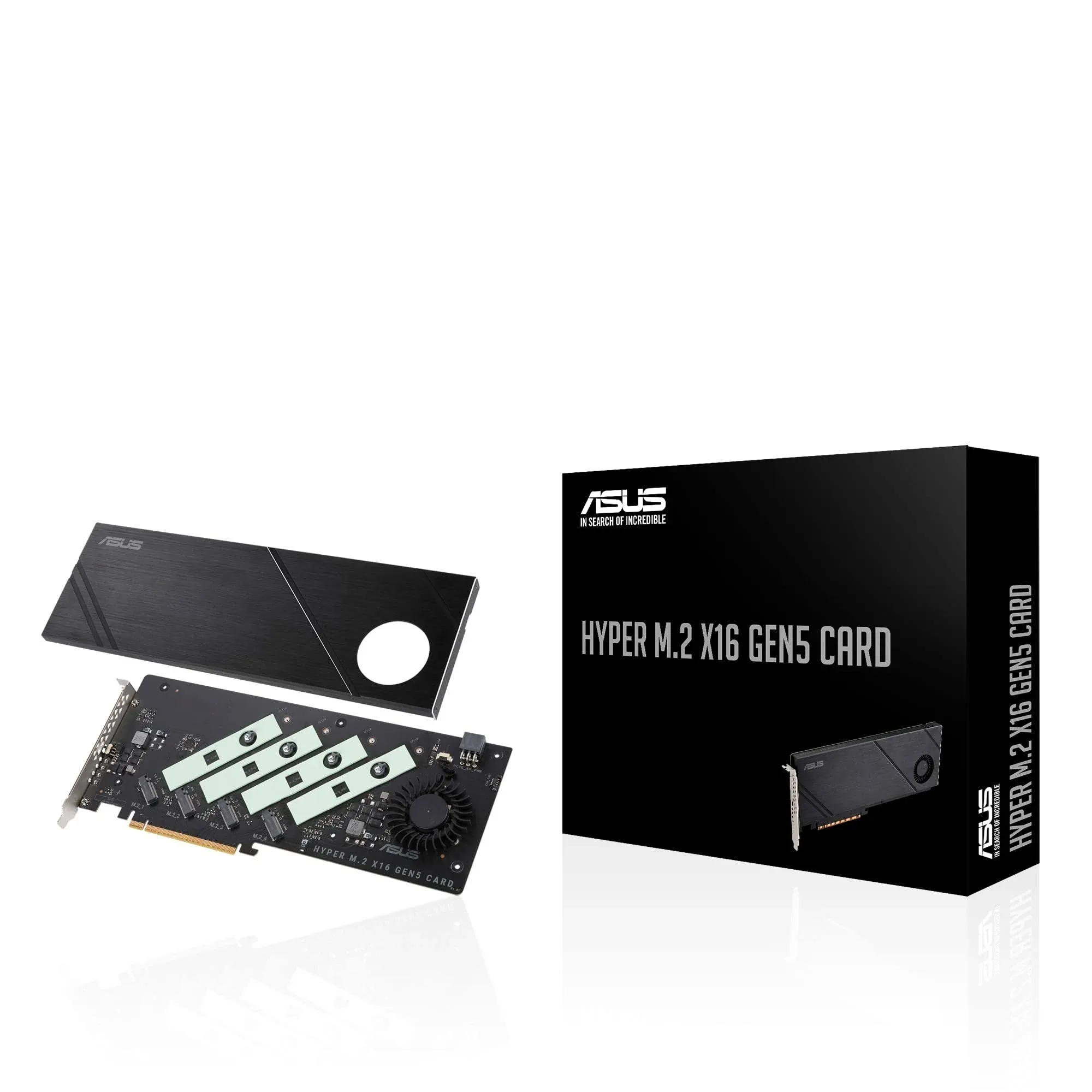 ASUS Hyper M.2 x16 Gen5 Karte (PCIe 5.0/4.0) unterstützt vier NVMe M.2 (2242/2260/2280/22110) Geräte mit bis zu 512 Gbit/s für AMD- und Intel®-Plattform-RAID-Funktionen.