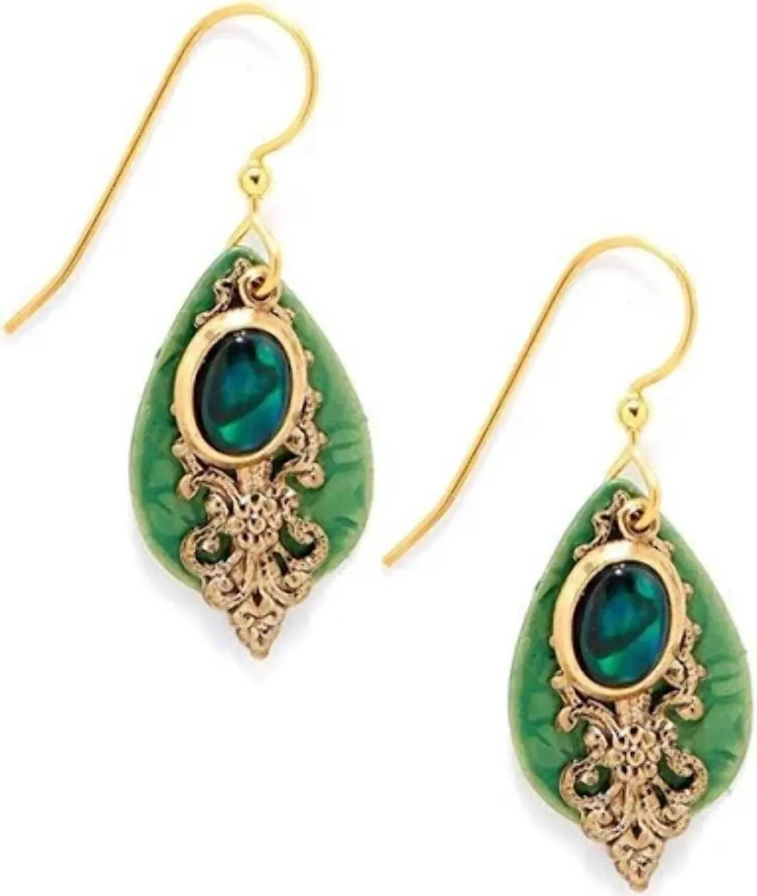 Silver Forest Green Abalone Layered Drop Earrings