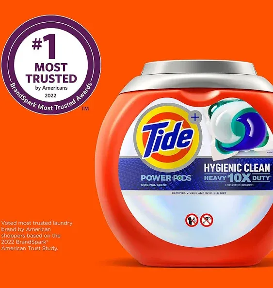 Tide Power PODs Hygienic Clean Heavy Duty Liquid Laundry Detergent Pacs HE Compatible 45 Count Hypoallergenic Free and Clear of Dyes and Perfumes For Visible and Invisible Dirt