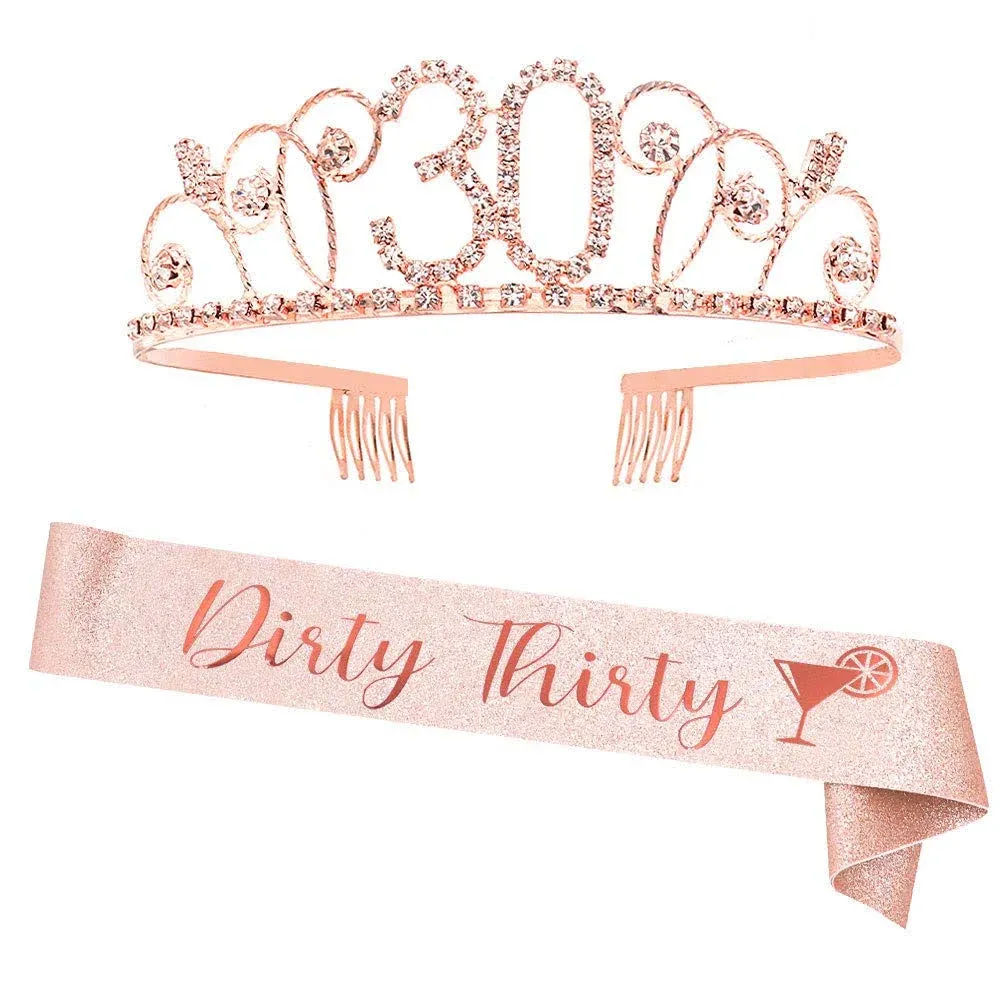 &#034;Dirty Thirty&#034; Sash and Rhinestone Crown Set - 30th Birthday Party Gifts Birt...