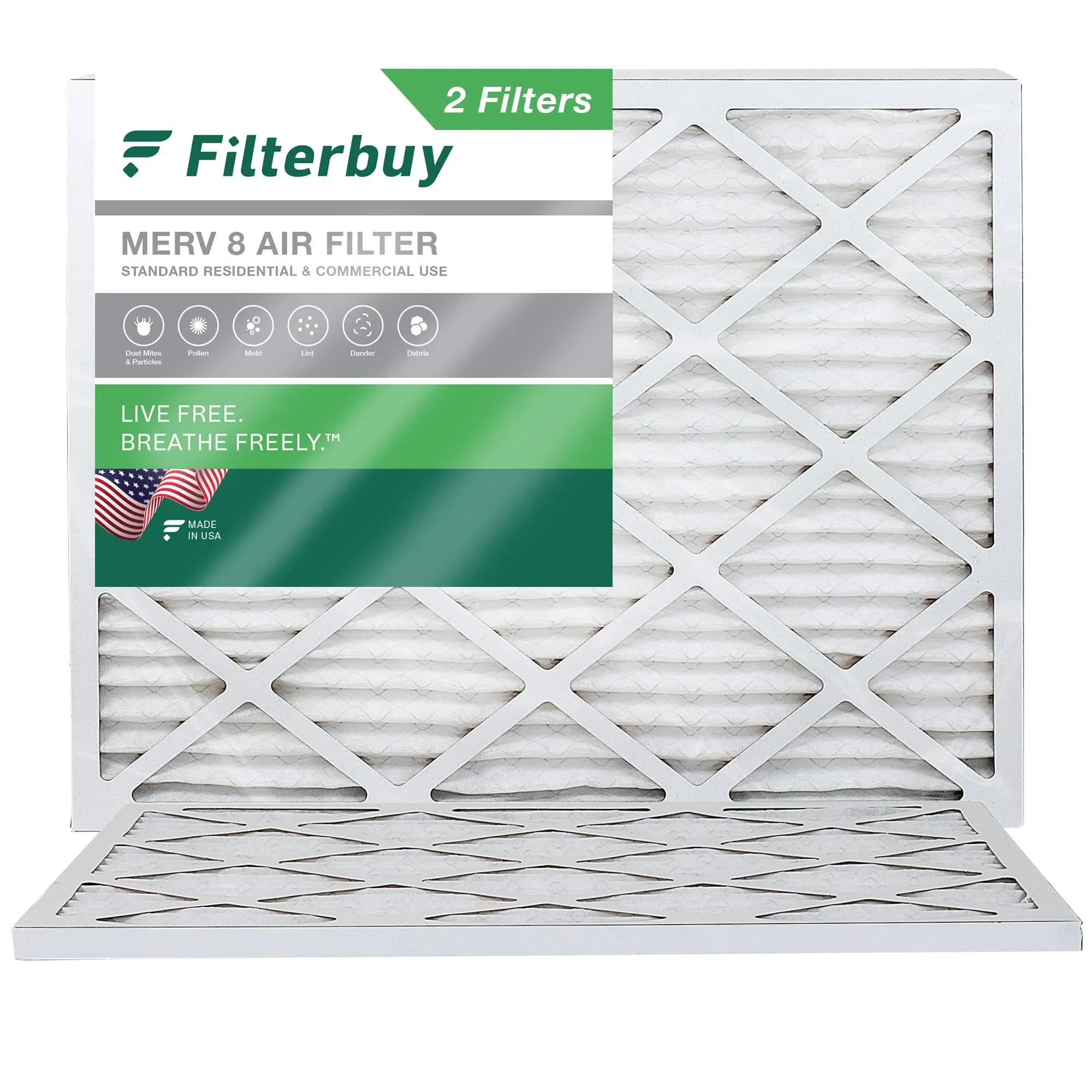 Filterbuy 16x18x1 Air Filter MERV 8 Dust Defense (2-Pack), Pleated HVAC AC Furnace Air Filters Replacement (Actual Size: 15.50 x 17.50 x 0.75 Inches)