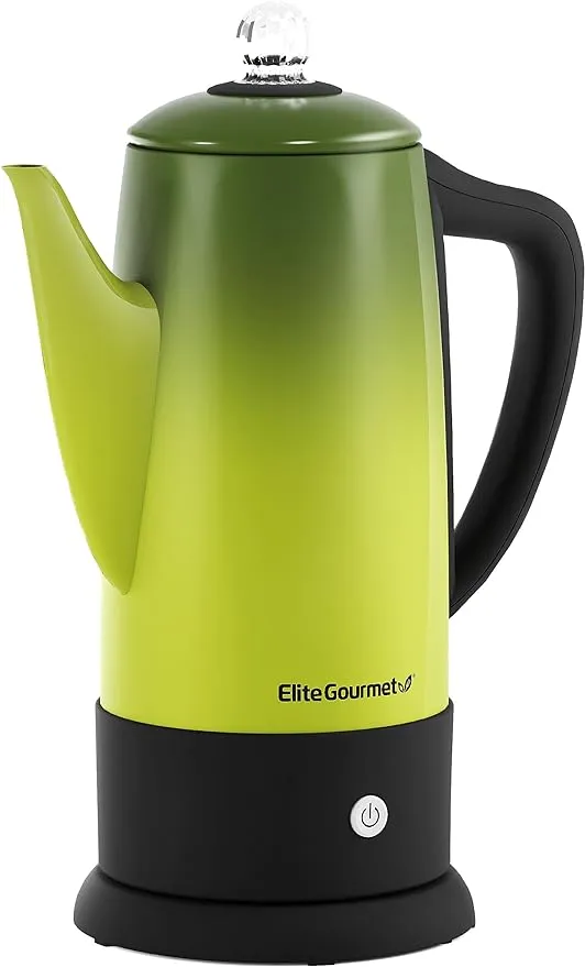 Elite Gourmet EC812G Vintage 50’s Electric Coffee Percolator Clear Brew Progress Knob Cool-Touch Handle Cord-less Serve, 12-Cup, Retro Green