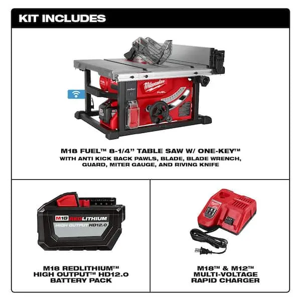 M18 FUEL ONE-KEY 18- volt Lithium-Ion Brushless Cordless 8-1/4 in. Table Saw Kit W/(1) 12.0Ah Battery & Rapid Charger