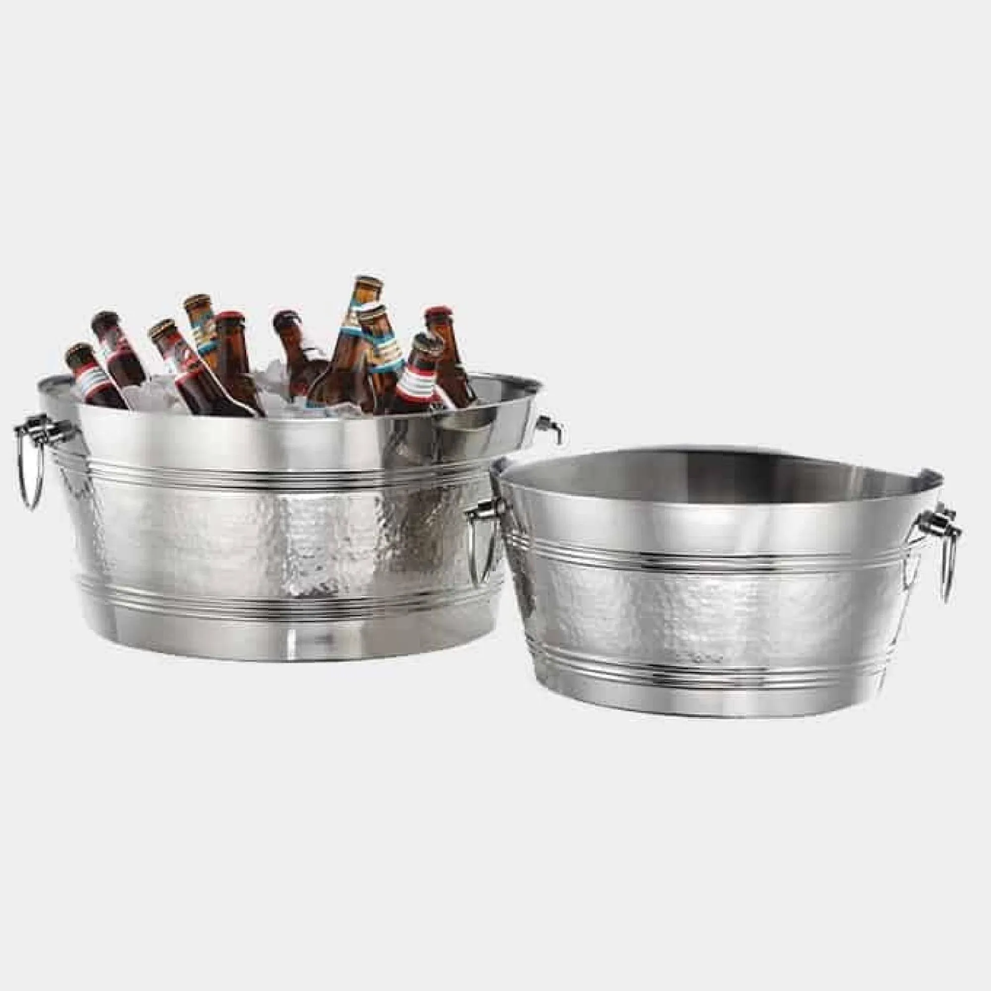 Party Tub, 495 oz., 15in. dia. x 7in.H,a. x 7in.H, 6-3/4in. depth, double wall insulated, swing handles, stainless steel, mirror/hammered finish