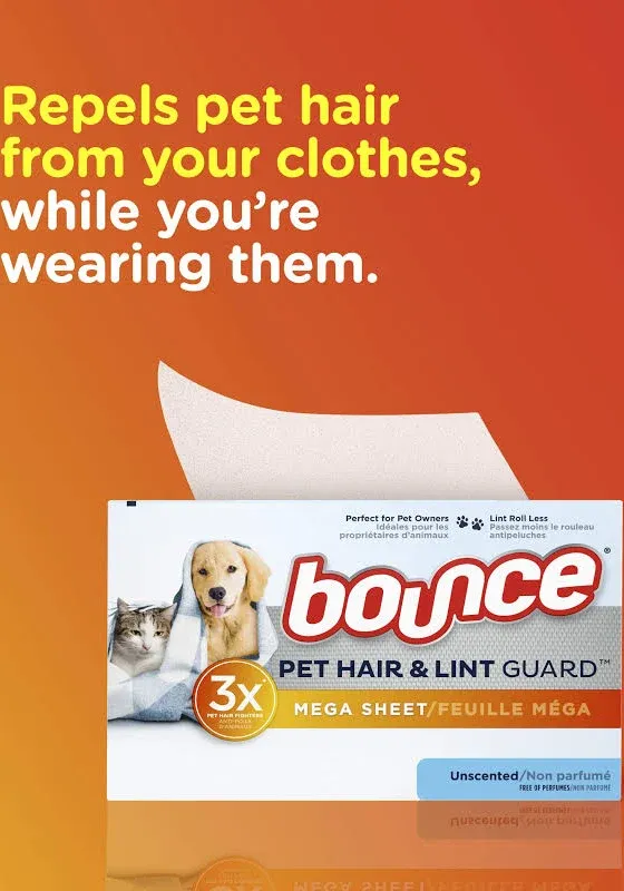 Bouce Bounce Pet Hair and Lint Guard Mega Dryer Sheets for Laundry, Fabric Softener with 3X Pet Hair Fighters, Unscented, Hypoallergenic, 120 Count