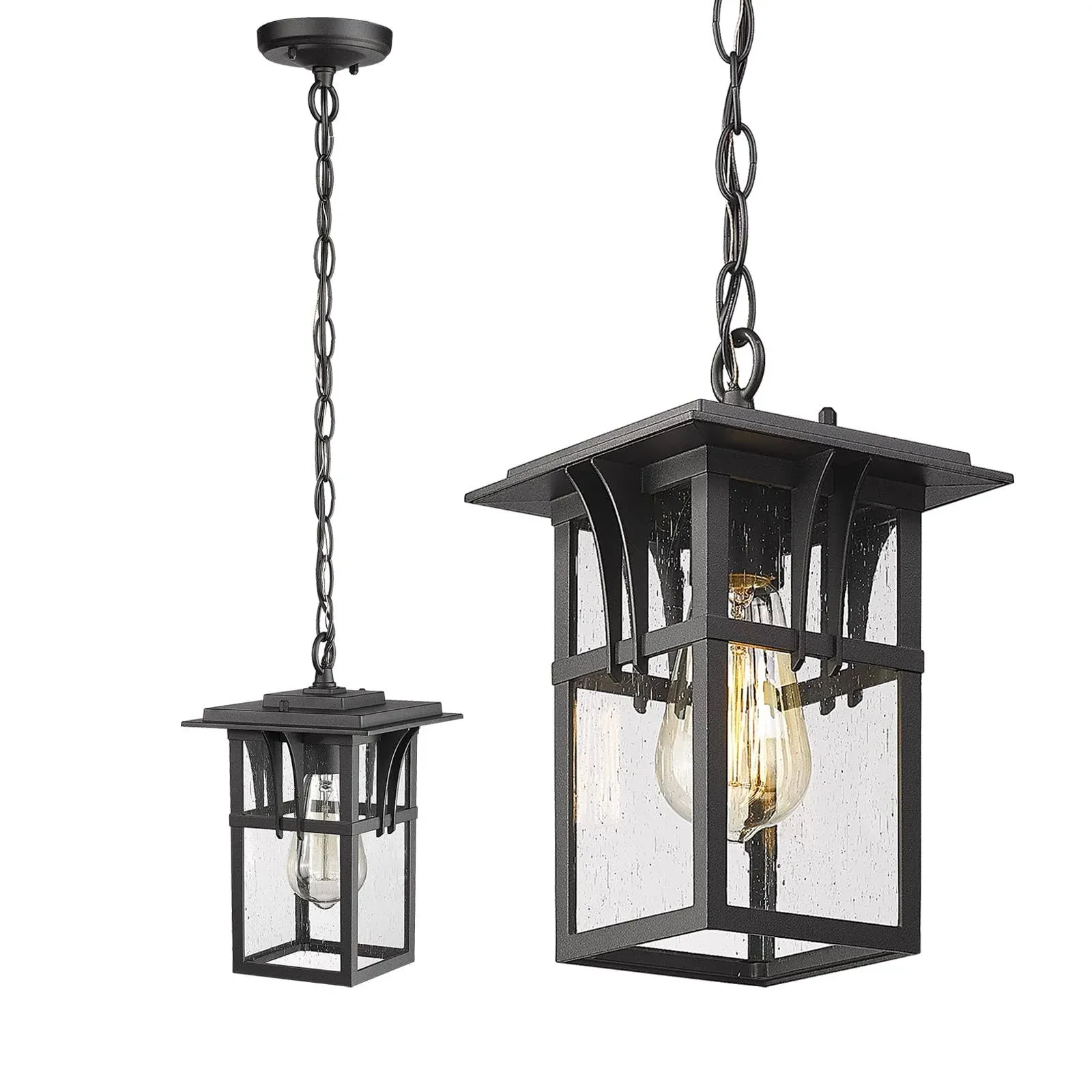 Darkaway Large Outdoor Pendant Light Fixture, 16inch Outdoor Hanging Light Porch Lights Fixtures Anti-Rust Waterproof Aluminum with Seeded Glass for Porch Entryway Doorway Farmhouse (Black，Large)