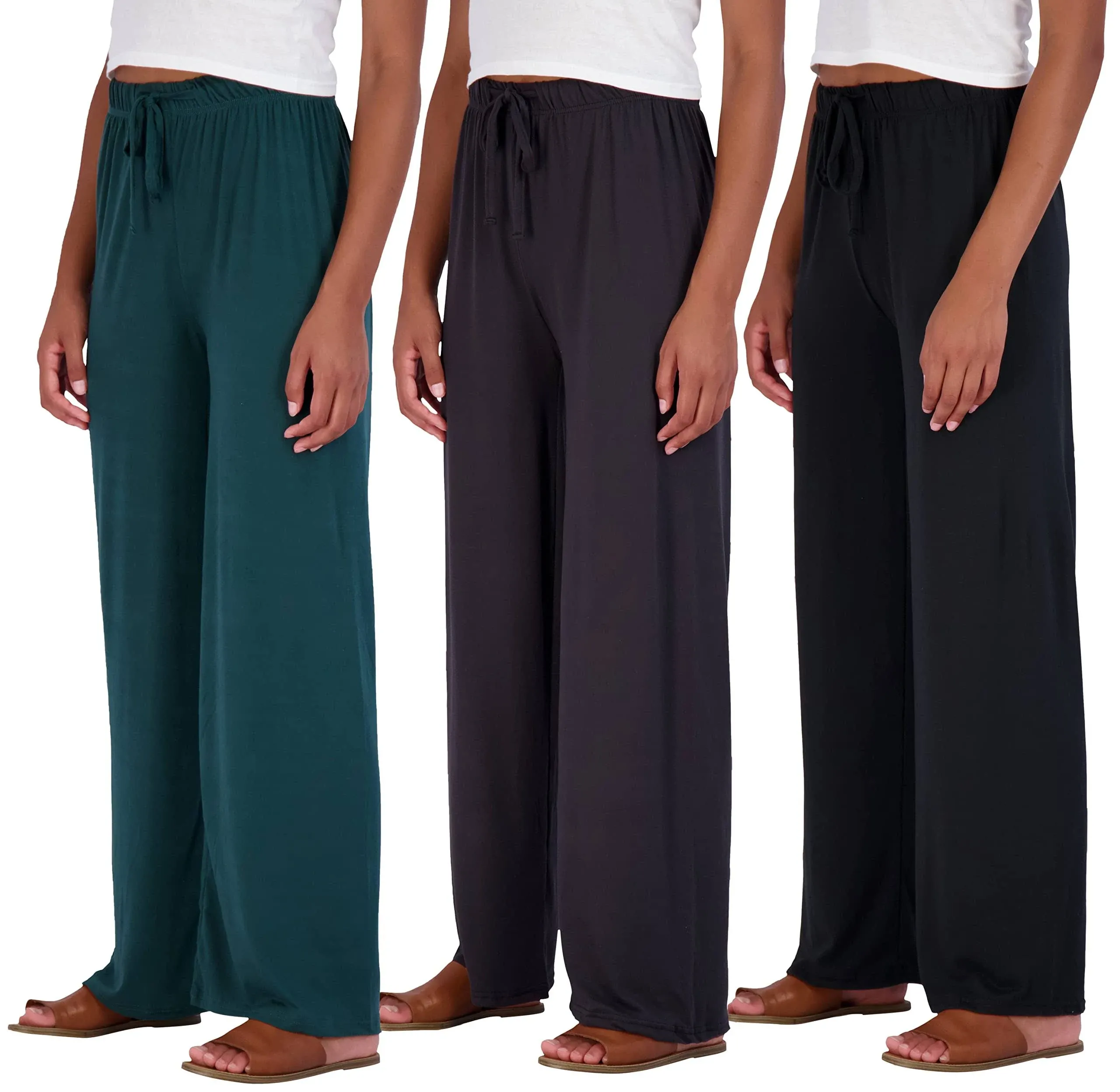 Real Essentials 3 Pack Soft Pallazo Pajama Pants for Women, Wide Leg Comfy Casual Lounge Yoga Capri Pants (Plus Size)