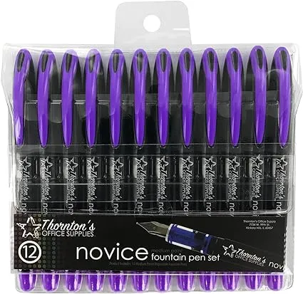 Thornton's Office Supplies Novice Disposable Fountain Pens Pack of 12 Medium Point nib with Purple Ink for Beginners and Experts Convenient & Easy To Use