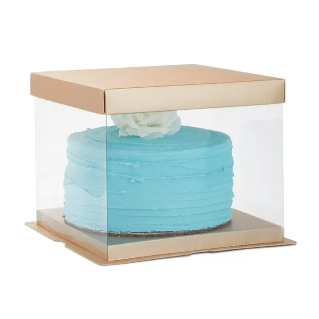 6 Pack Clear Plastic 8 inch Cake Boxes with Window Holder Carrier with Gold Lid for Packaging, 8 x 8 x 6 in.