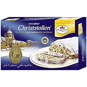 Dr. Quendt Christstollen Traditional Stollen Recipe Iconic Holiday Sweet Bread Heavy Yeast Dough with Butter, Rum Raisins, Cake is Densely Coated in Confection Sugar, Imported from Germany 1kg