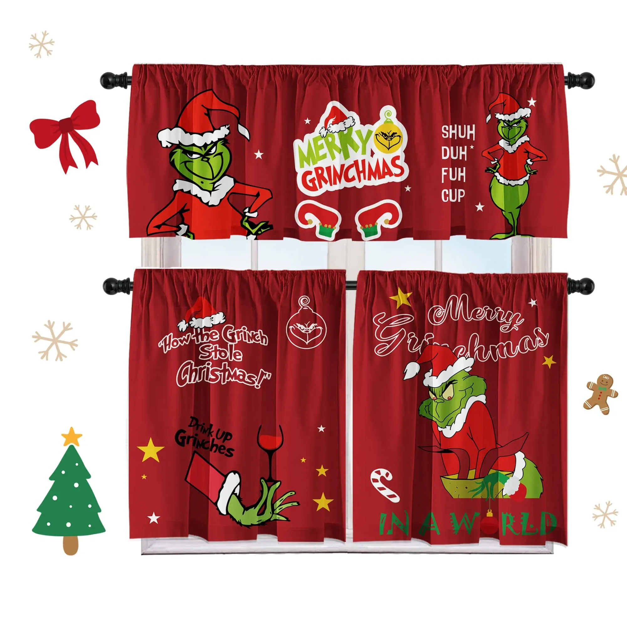 Cuteiush Christmas Kitchen Curtain Valances Winter Holiday Festive Small Wind...