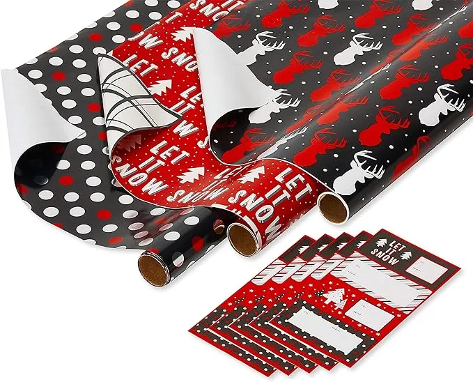 American Greetings 225 sq. ft. Christmas Wrapping Paper Set with Cut Lines, Santa, Stripes, Reindeer, Polka Dots and Snowmen (9 Rolls 30 in. x 10 ft., 60 Gift Tags)