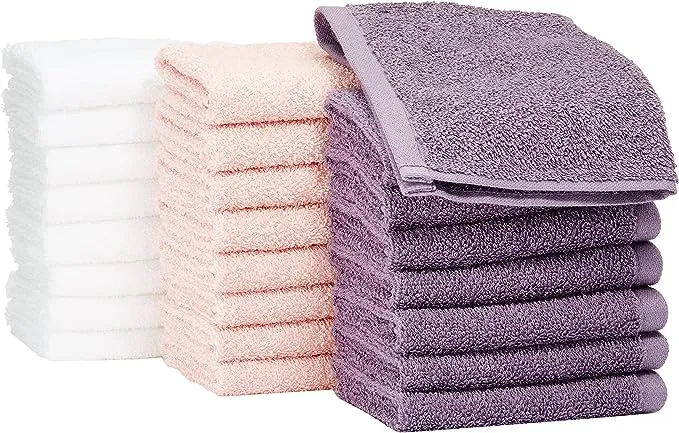 Amazon Basics washcloth for bathroom, 100% Cotton Extra Absorbent , Fast Drying - salon towels - 24-Pack, Petal Pink, Lavender, White, 12 x 12 in