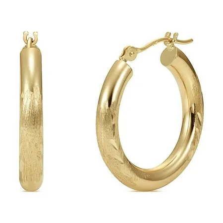 14K Yellow Gold Satin Diamond Cut 3mm Hoop Earrings for Women - 20mm (0.8 Inch) Diameter